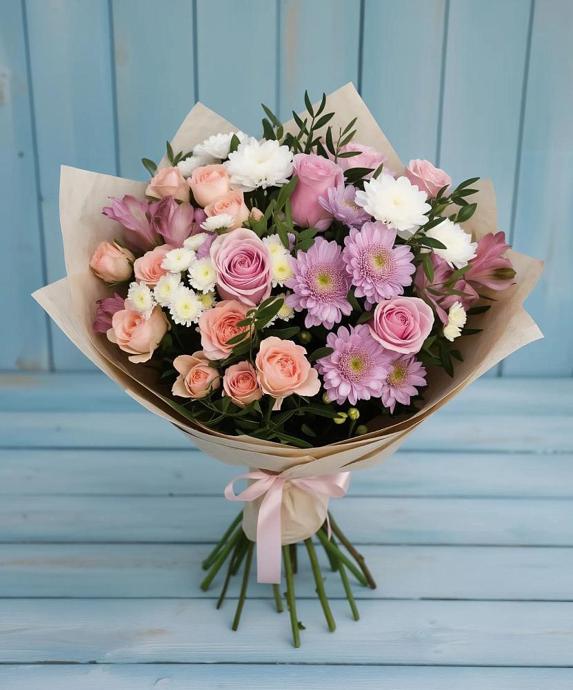 Букет цветов из: Хризантемы, Розы и Альстромерии в Зязикове-Юрте