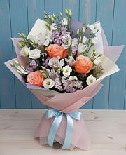 Букет цветов из:  Лизиантусы, Розы, Альстромерии и Гипсофила в Зязикове-Юрте