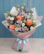 Букет цветов из:  Лизиантусы, Розы, Альстромерии и Гипсофила в Зязикове-Юрте