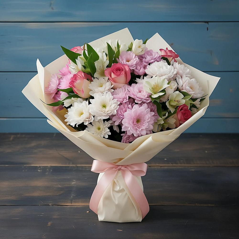 Букет цветов из: Хризантемы, Альстромерии и Розы в Зязикове-Юрте